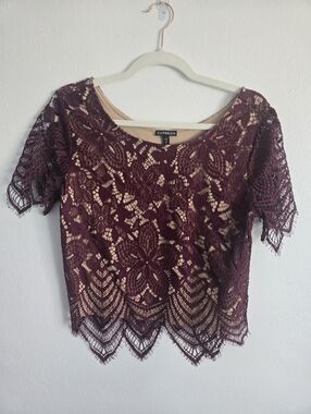 Express Women’s Burgundy Lace Overlay Top with Nude Lining